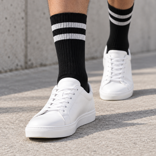 Dravo Two-Stripe Socks in black with grey stripes — worn with white sneakers