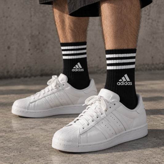Adidas Half Cushion Pyramids worn by a male model with white sneakers - Dravo lifestyle photo
