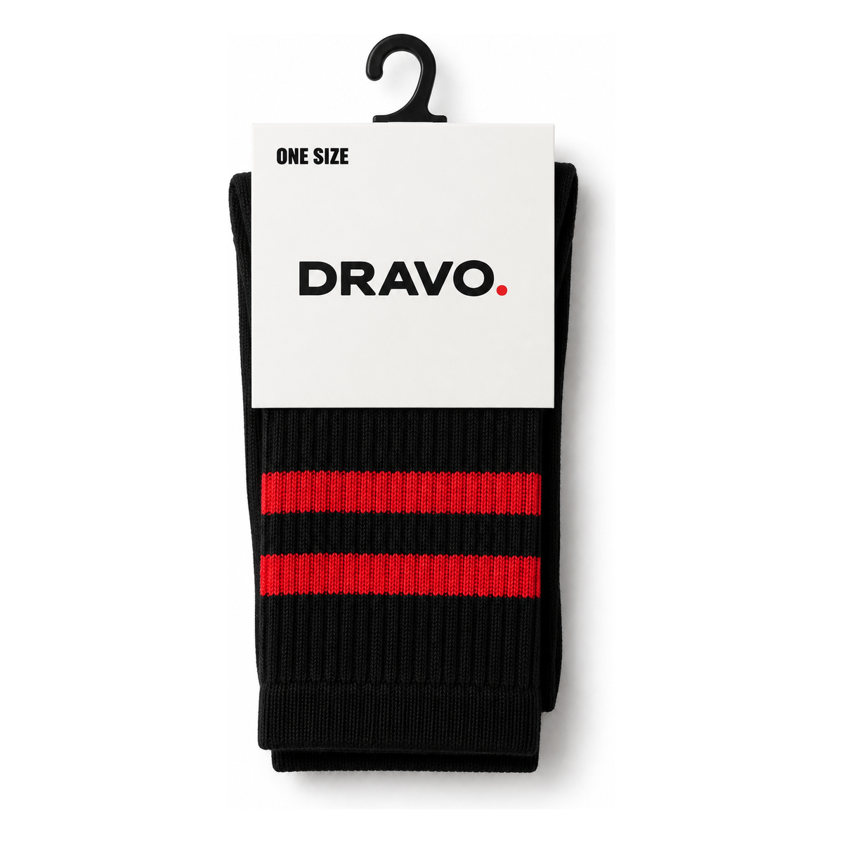 Dravo Two-Stripe Socks in black with red stripes — in Dravo retail packaging