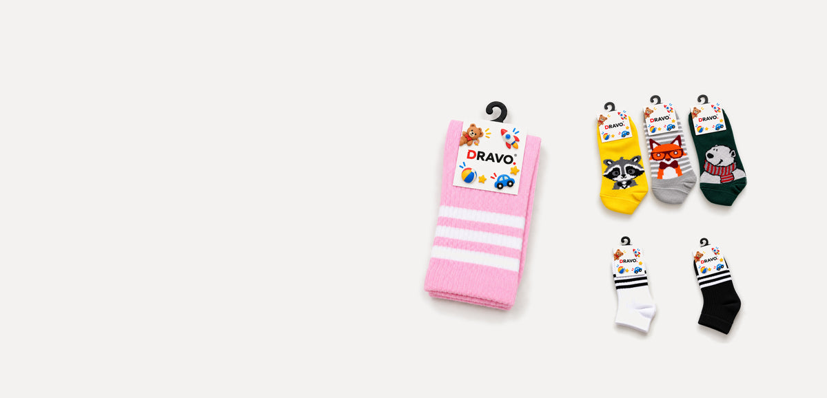 Dravo Kids socks – pink striped crew, animal ankle socks and striped cuff ankle socks