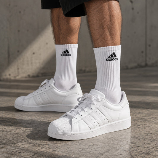 Dravo x Adidas Stealth Long worn by a male model with white sneakers - Dravo lifestyle photo