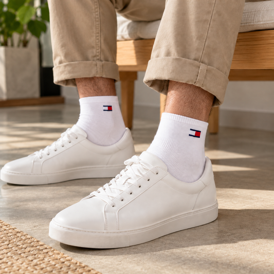 Tommy Classic Half white socks worn with white trainers